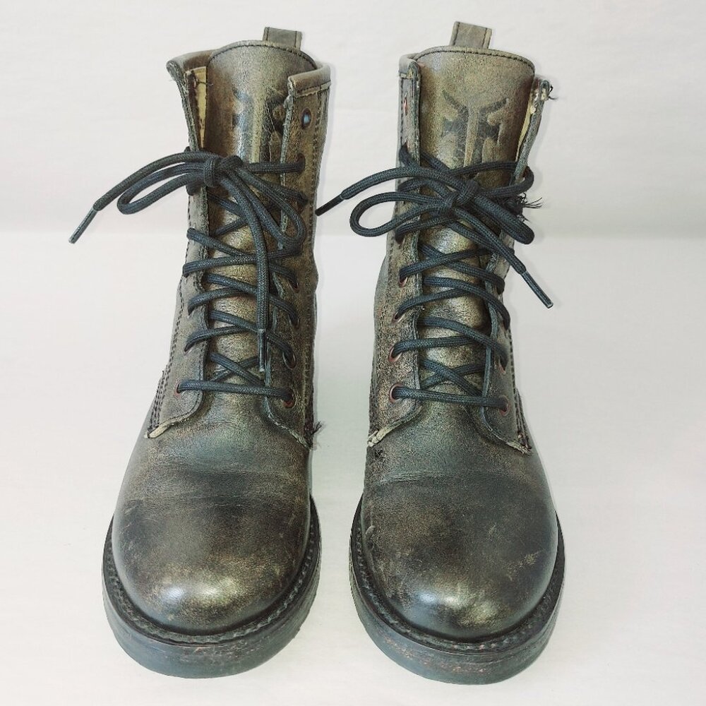 Frye Gypsy Laceup Veronica Combat Boots 6 B Green Burnished Leather Mid-Calf - Picture 4 of 12
